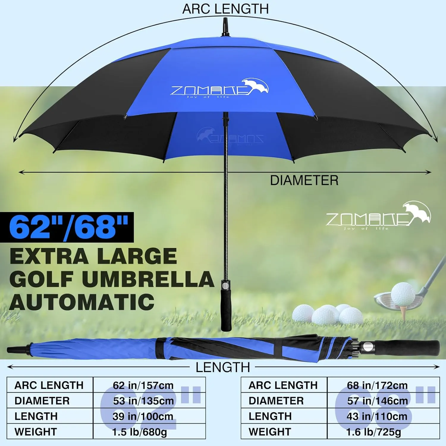 ZOMAKE 62/68 Inch Golf Umbrella Large Oversized Golf Stick Umbrella Windproof Automatic Open with Double Canopy Vented Waterproof for Rain